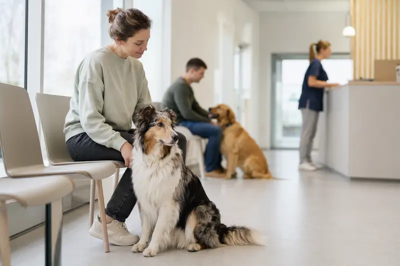 Ein Collie sitzt ruhig neben seinem Besitzer im hellen Wartezimmer einer modernen Tierarztpraxis.